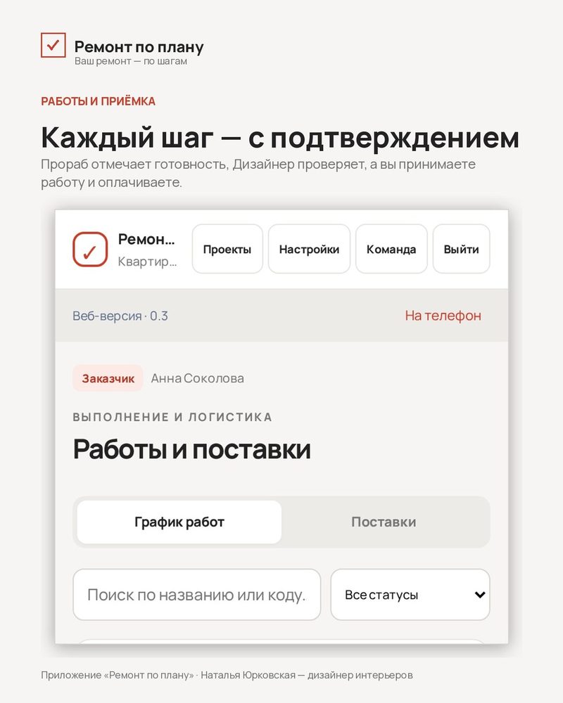 Экран «Работы и приёмка»: каждый шаг подтверждают исполнитель, прораб и заказчик